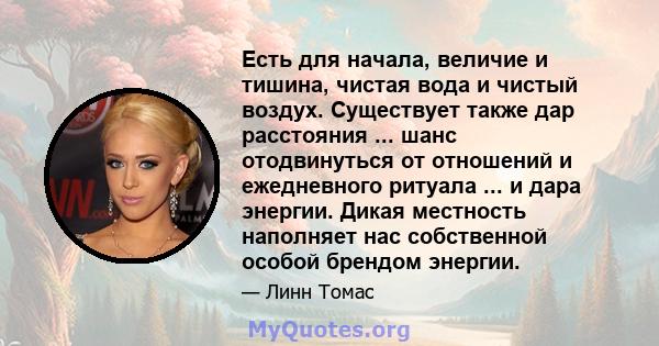 Есть для начала, величие и тишина, чистая вода и чистый воздух. Существует также дар расстояния ... шанс отодвинуться от отношений и ежедневного ритуала ... и дара энергии. Дикая местность наполняет нас собственной