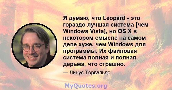 Я думаю, что Leopard - это гораздо лучшая система [чем Windows Vista], но OS X в некотором смысле на самом деле хуже, чем Windows для программы. Их файловая система полная и полная дерьма, что страшно.