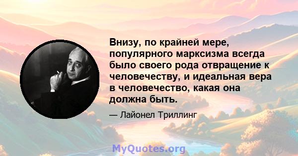 Внизу, по крайней мере, популярного марксизма всегда было своего рода отвращение к человечеству, и идеальная вера в человечество, какая она должна быть.