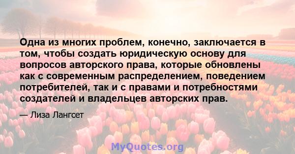 Одна из многих проблем, конечно, заключается в том, чтобы создать юридическую основу для вопросов авторского права, которые обновлены как с современным распределением, поведением потребителей, так и с правами и