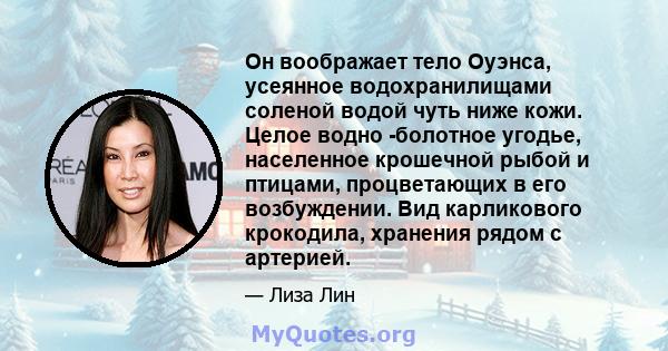 Он воображает тело Оуэнса, усеянное водохранилищами соленой водой чуть ниже кожи. Целое водно -болотное угодье, населенное крошечной рыбой и птицами, процветающих в его возбуждении. Вид карликового крокодила, хранения