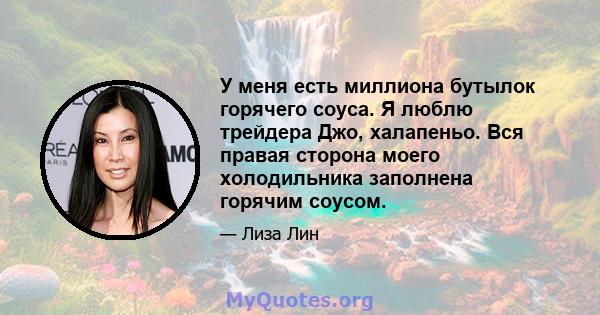 У меня есть миллиона бутылок горячего соуса. Я люблю трейдера Джо, халапеньо. Вся правая сторона моего холодильника заполнена горячим соусом.