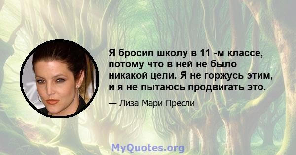 Я бросил школу в 11 -м классе, потому что в ней не было никакой цели. Я не горжусь этим, и я не пытаюсь продвигать это.