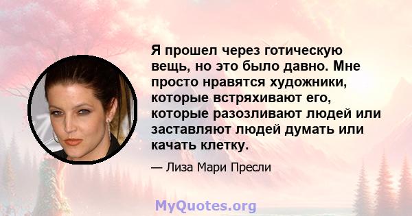 Я прошел через готическую вещь, но это было давно. Мне просто нравятся художники, которые встряхивают его, которые разозливают людей или заставляют людей думать или качать клетку.