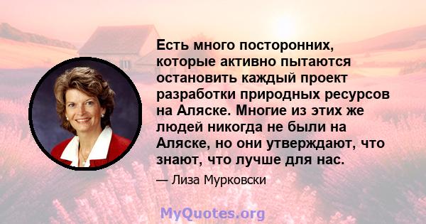 Есть много посторонних, которые активно пытаются остановить каждый проект разработки природных ресурсов на Аляске. Многие из этих же людей никогда не были на Аляске, но они утверждают, что знают, что лучше для нас.