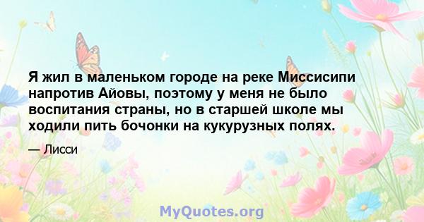 Я жил в маленьком городе на реке Миссисипи напротив Айовы, поэтому у меня не было воспитания страны, но в старшей школе мы ходили пить бочонки на кукурузных полях.