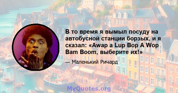 В то время я вымыл посуду на автобусной станции борзых, и я сказал: «Awap a Lup Bop A Wop Bam Boom, выберите их!»