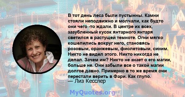 В тот день леса были пустынны. Камни стояли неподвижно и молчали, как будто они чего -то ждали. В центре их всех, зазубленный кусок янтарного янтаря светился в растущей темноте. Огни мягко кошелились вокруг него,