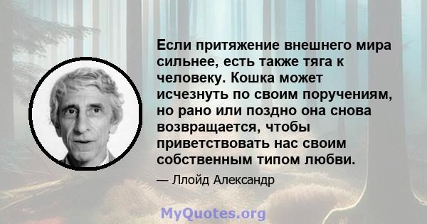 Если притяжение внешнего мира сильнее, есть также тяга к человеку. Кошка может исчезнуть по своим поручениям, но рано или поздно она снова возвращается, чтобы приветствовать нас своим собственным типом любви.