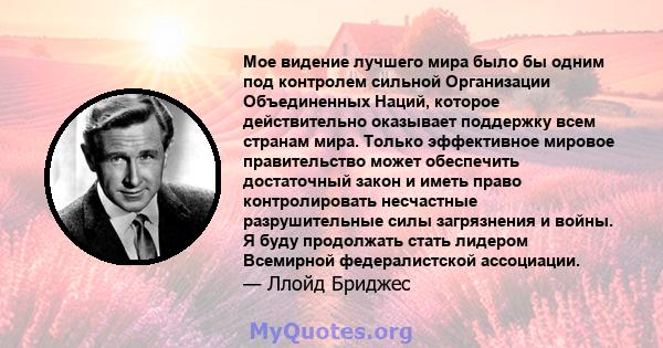 Мое видение лучшего мира было бы одним под контролем сильной Организации Объединенных Наций, которое действительно оказывает поддержку всем странам мира. Только эффективное мировое правительство может обеспечить