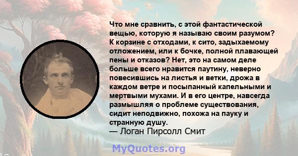 Что мне сравнить, с этой фантастической вещью, которую я называю своим разумом? К корзине с отходами, к сито, задыхаемому отложением, или к бочке, полной плавающей пены и отказов? Нет, это на самом деле больше всего