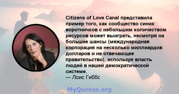 Citizens of Love Canal представила пример того, как сообщество синих воротничков с небольшим количеством ресурсов может выиграть, несмотря на большие шансы (международная корпорация на несколько миллиардов долларов и не 