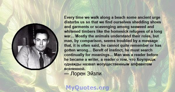 Every time we walk along a beach some ancient urge disturbs us so that we find ourselves shedding shoes and garments or scavenging among seaweed and whitened timbers like the homesick refugees of a long war... Mostly