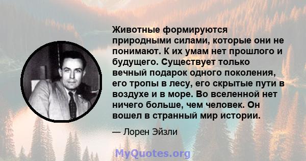 Животные формируются природными силами, которые они не понимают. К их умам нет прошлого и будущего. Существует только вечный подарок одного поколения, его тропы в лесу, его скрытые пути в воздухе и в море. Во вселенной