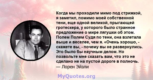 Когда мы проходили мимо под стрижкой, я заметил, помимо моей собственной тени, еще одной великой, прыгающей гротескера, у которого было странное предложение о мире лягушки об этом. Полем Полем Судя по тени, она взлетала 