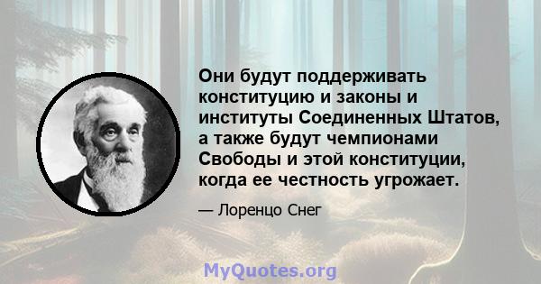 Они будут поддерживать конституцию и законы и институты Соединенных Штатов, а также будут чемпионами Свободы и этой конституции, когда ее честность угрожает.