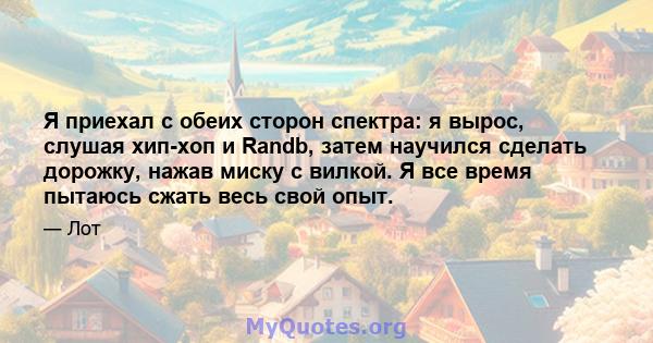 Я приехал с обеих сторон спектра: я вырос, слушая хип-хоп и Randb, затем научился сделать дорожку, нажав миску с вилкой. Я все время пытаюсь сжать весь свой опыт.