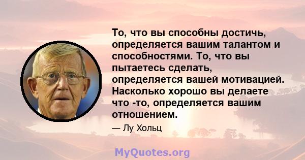 То, что вы способны достичь, определяется вашим талантом и способностями. То, что вы пытаетесь сделать, определяется вашей мотивацией. Насколько хорошо вы делаете что -то, определяется вашим отношением.