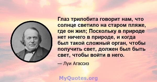 Глаз трилобита говорит нам, что солнце светило на старом пляже, где он жил; Поскольку в природе нет ничего в природе, и когда был такой сложный орган, чтобы получить свет, должен был быть свет, чтобы войти в него.