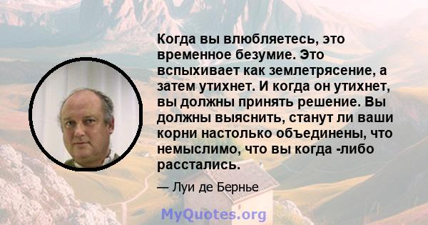 Когда вы влюбляетесь, это временное безумие. Это вспыхивает как землетрясение, а затем утихнет. И когда он утихнет, вы должны принять решение. Вы должны выяснить, станут ли ваши корни настолько объединены, что