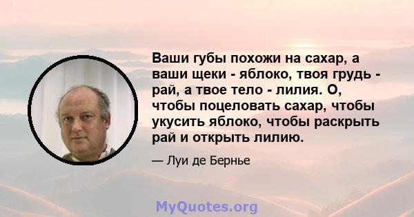 Ваши губы похожи на сахар, а ваши щеки - яблоко, твоя грудь - рай, а твое тело - лилия. O, чтобы поцеловать сахар, чтобы укусить яблоко, чтобы раскрыть рай и открыть лилию.