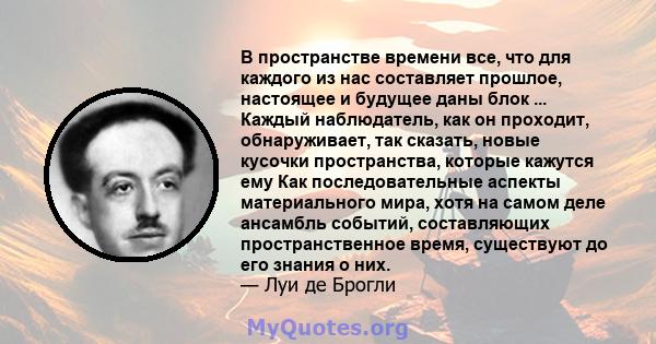 В пространстве времени все, что для каждого из нас составляет прошлое, настоящее и будущее даны блок ... Каждый наблюдатель, как он проходит, обнаруживает, так сказать, новые кусочки пространства, которые кажутся ему