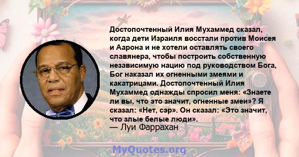 Достопочтенный Илия Мухаммед сказал, когда дети Израиля восстали против Моисея и Аарона и не хотели оставлять своего славянера, чтобы построить собственную независимую нацию под руководством Бога, Бог наказал их