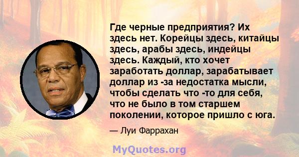 Где черные предприятия? Их здесь нет. Корейцы здесь, китайцы здесь, арабы здесь, индейцы здесь. Каждый, кто хочет заработать доллар, зарабатывает доллар из -за недостатка мысли, чтобы сделать что -то для себя, что не