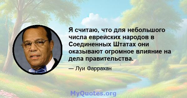 Я считаю, что для небольшого числа еврейских народов в Соединенных Штатах они оказывают огромное влияние на дела правительства.