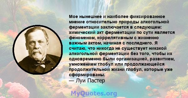 Мое нынешнее и наиболее фиксированное мнение относительно природы алкогольной ферментации заключается в следующем: химический акт ферментации по сути является феноменом, коррелятивным с жизненно важным актом, начиная с