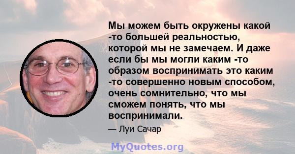 Мы можем быть окружены какой -то большей реальностью, которой мы не замечаем. И даже если бы мы могли каким -то образом воспринимать это каким -то совершенно новым способом, очень сомнительно, что мы сможем понять, что