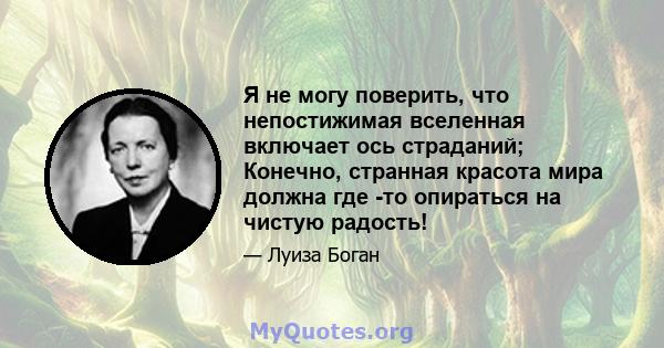 Я не могу поверить, что непостижимая вселенная включает ось страданий; Конечно, странная красота мира должна где -то опираться на чистую радость!