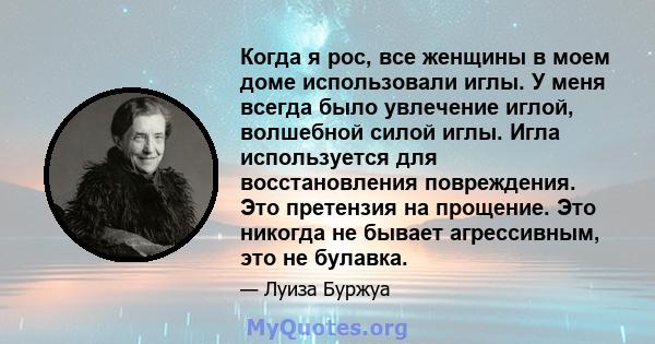 Когда я рос, все женщины в моем доме использовали иглы. У меня всегда было увлечение иглой, волшебной силой иглы. Игла используется для восстановления повреждения. Это претензия на прощение. Это никогда не бывает