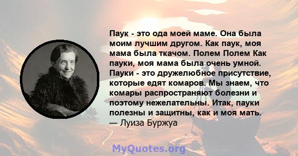 Паук - это ода моей маме. Она была моим лучшим другом. Как паук, моя мама была ткачом. Полем Полем Как пауки, моя мама была очень умной. Пауки - это дружелюбное присутствие, которые едят комаров. Мы знаем, что комары