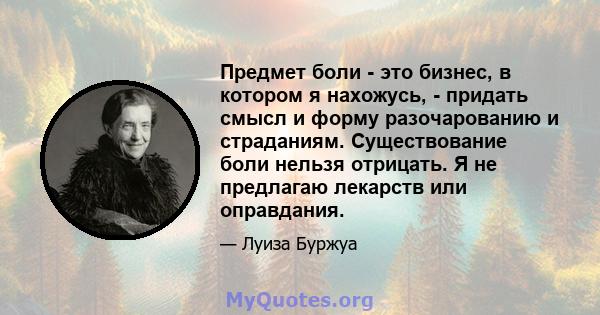 Предмет боли - это бизнес, в котором я нахожусь, - придать смысл и форму разочарованию и страданиям. Существование боли нельзя отрицать. Я не предлагаю лекарств или оправдания.