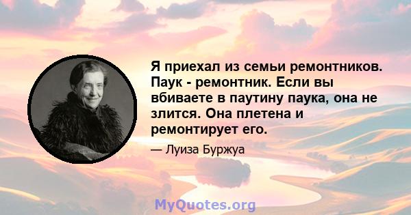 Я приехал из семьи ремонтников. Паук - ремонтник. Если вы вбиваете в паутину паука, она не злится. Она плетена и ремонтирует его.