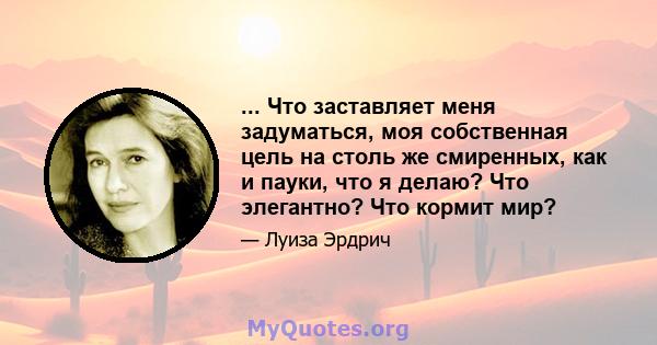 ... Что заставляет меня задуматься, моя собственная цель на столь же смиренных, как и пауки, что я делаю? Что элегантно? Что кормит мир?