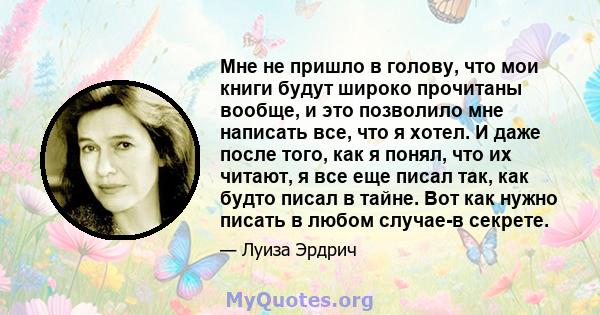 Мне не пришло в голову, что мои книги будут широко прочитаны вообще, и это позволило мне написать все, что я хотел. И даже после того, как я понял, что их читают, я все еще писал так, как будто писал в тайне. Вот как