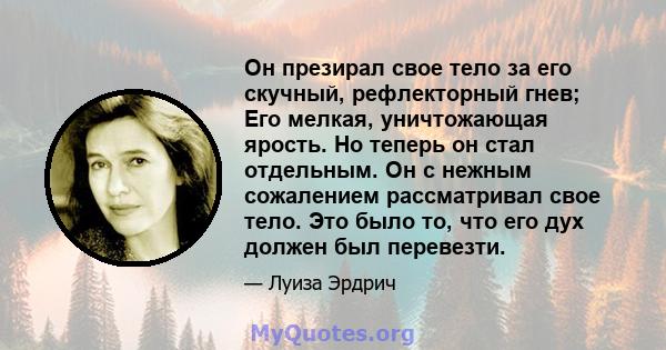 Он презирал свое тело за его скучный, рефлекторный гнев; Его мелкая, уничтожающая ярость. Но теперь он стал отдельным. Он с нежным сожалением рассматривал свое тело. Это было то, что его дух должен был перевезти.