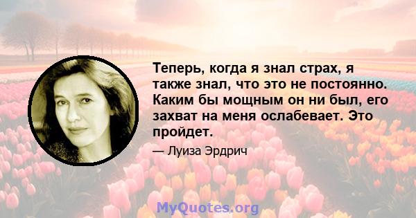 Теперь, когда я знал страх, я также знал, что это не постоянно. Каким бы мощным он ни был, его захват на меня ослабевает. Это пройдет.