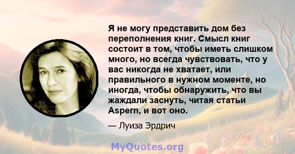 Я не могу представить дом без переполнения книг. Смысл книг состоит в том, чтобы иметь слишком много, но всегда чувствовать, что у вас никогда не хватает, или правильного в нужном моменте, но иногда, чтобы обнаружить,