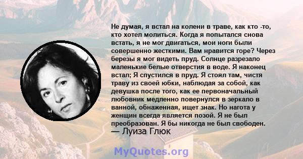 Не думая, я встал на колени в траве, как кто -то, кто хотел молиться. Когда я попытался снова встать, я не мог двигаться, мои ноги были совершенно жесткими. Вам нравится горе? Через березы я мог видеть пруд. Солнце