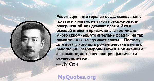 Революция - это горькая вещь, смешанная с грязью и кровью, не такой прекрасной или совершенной, как думают поэты. Это в высшей степени приземлена, в том числе много скромных, утомительных задач, не так романтичных, как