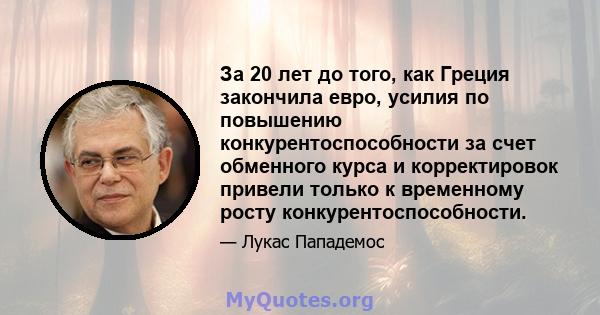 За 20 лет до того, как Греция закончила евро, усилия по повышению конкурентоспособности за счет обменного курса и корректировок привели только к временному росту конкурентоспособности.