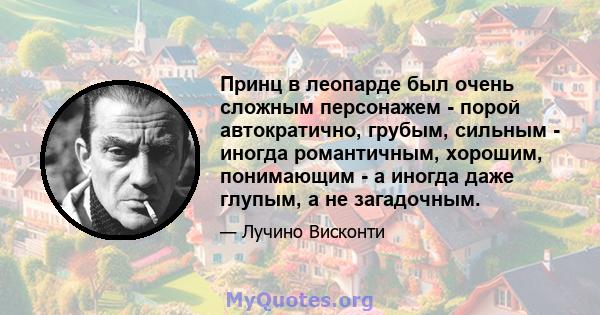 Принц в леопарде был очень сложным персонажем - порой автократично, грубым, сильным - иногда романтичным, хорошим, понимающим - а иногда даже глупым, а не загадочным.