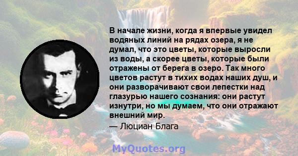 В начале жизни, когда я впервые увидел водяных линий на рядах озера, я не думал, что это цветы, которые выросли из воды, а скорее цветы, которые были отражены от берега в озеро. Так много цветов растут в тихих водах