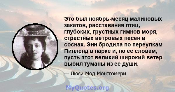 Это был ноябрь-месяц малиновых закатов, расставания птиц, глубоких, грустных гимнов моря, страстных ветровых песен в соснах. Энн бродила по переулкам Пинленд в парке и, по ее словам, пусть этот великий широкий ветер