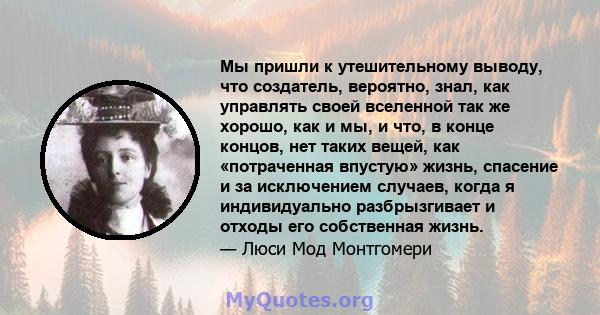 Мы пришли к утешительному выводу, что создатель, вероятно, знал, как управлять своей вселенной так же хорошо, как и мы, и что, в конце концов, нет таких вещей, как «потраченная впустую» жизнь, спасение и за исключением