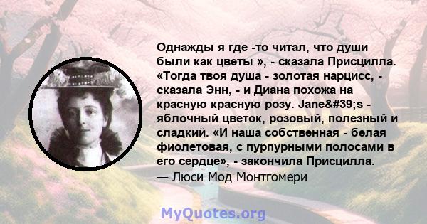 Однажды я где -то читал, что души были как цветы », - сказала Присцилла. «Тогда твоя душа - золотая нарцисс, - сказала Энн, - и Диана похожа на красную красную розу. Jane's - яблочный цветок, розовый, полезный и