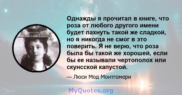 Однажды я прочитал в книге, что роза от любого другого имени будет пахнуть такой же сладкой, но я никогда не смог в это поверить. Я не верю, что роза была бы такой же хорошей, если бы ее называли чертополох или